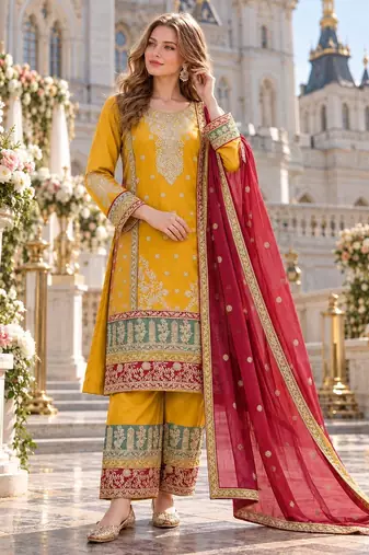 yellow chinon semi stitched suit with embroidery sequence work