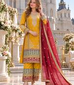 yellow chinon semi stitched suit with embroidery sequence work