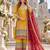 yellow chinon semi stitched suit with embroidery sequence work