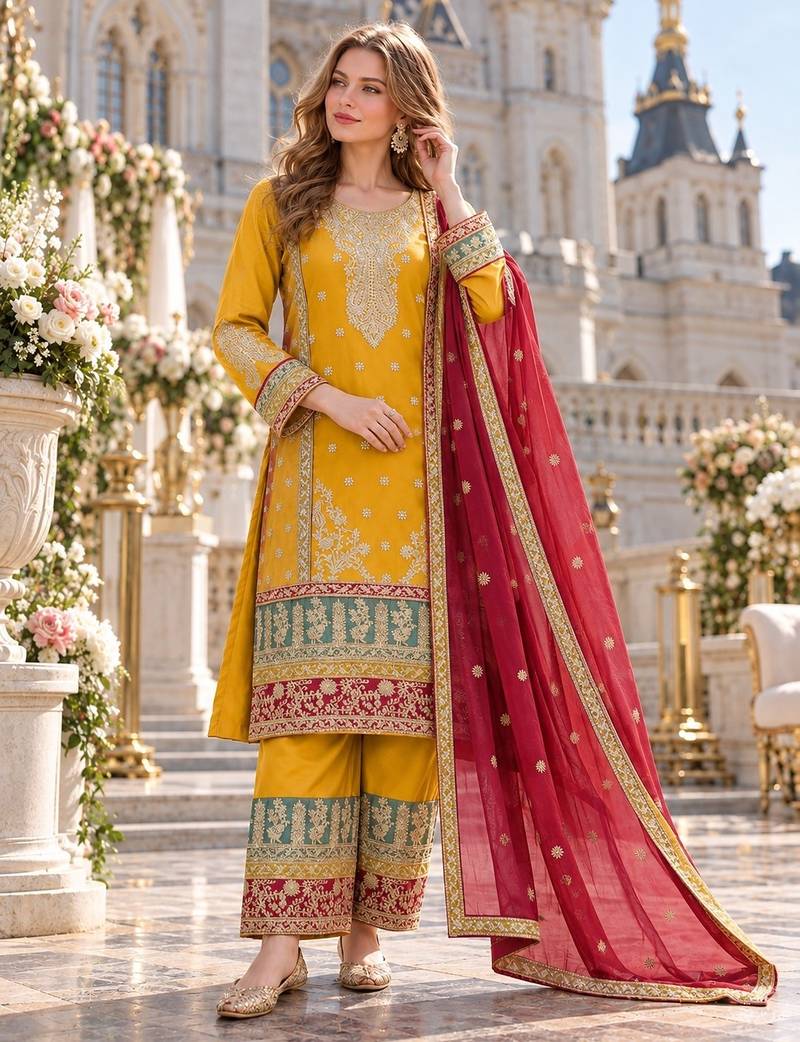 yellow chinon semi stitched suit with embroidery sequence work