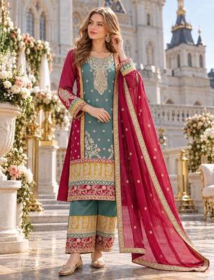 blue chinon semi stitched suit with embroidery sequence work 1