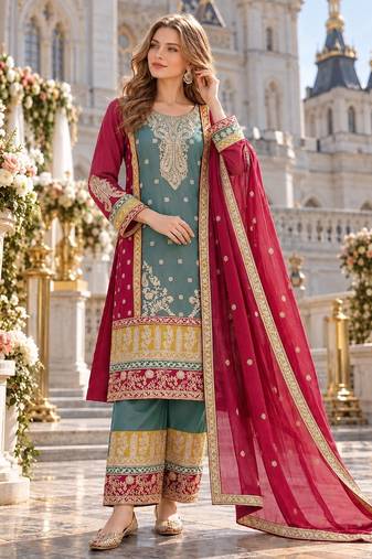 blue chinon semi stitched suit with embroidery sequence work