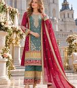blue chinon semi stitched suit with embroidery sequence work