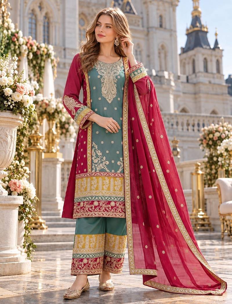blue chinon semi stitched suit with embroidery sequence work