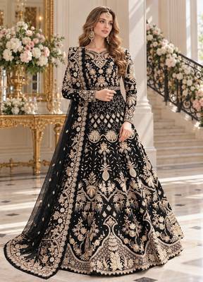 black net semi stitched anarkali suit with embroidery & stone work 1