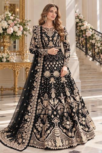 black net semi stitched anarkali suit with embroidery & stone work