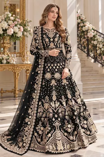 black net semi stitched anarkali suit with embroidery & stone work