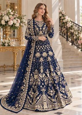 navy net semi stitched anarkali suit with embroidery & stone work 1