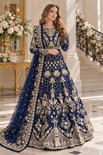 navy net semi stitched anarkali suit with embroidery & stone work