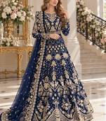 navy net semi stitched anarkali suit with embroidery & stone work