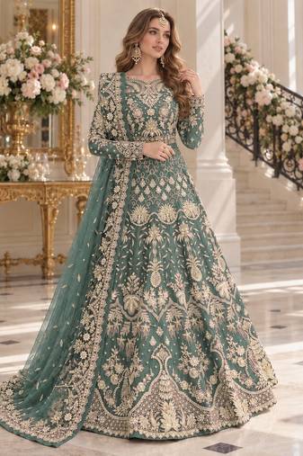 sky net semi stitched anarkali suit with embroidery & stone work