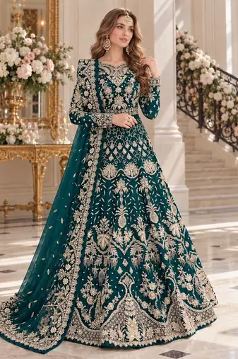 teal net semi stitched anarkali suit with embroidery & stone work