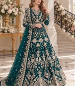 teal net semi stitched anarkali suit with embroidery & stone work