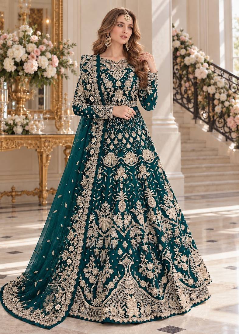 teal net semi stitched anarkali suit with embroidery & stone work