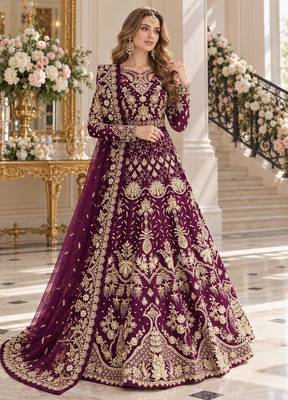 wine net semi stitched anarkali suit with embroidery & stone work 1