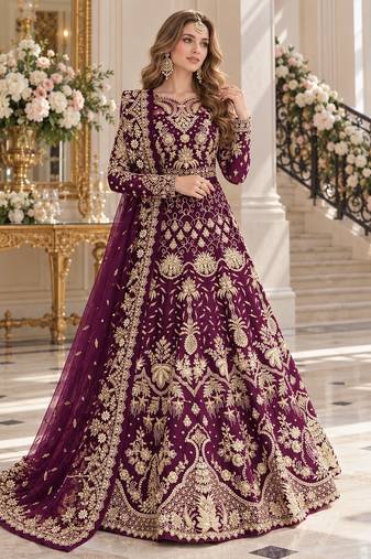 wine net semi stitched anarkali suit with embroidery & stone work