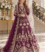 wine net semi stitched anarkali suit with embroidery & stone work