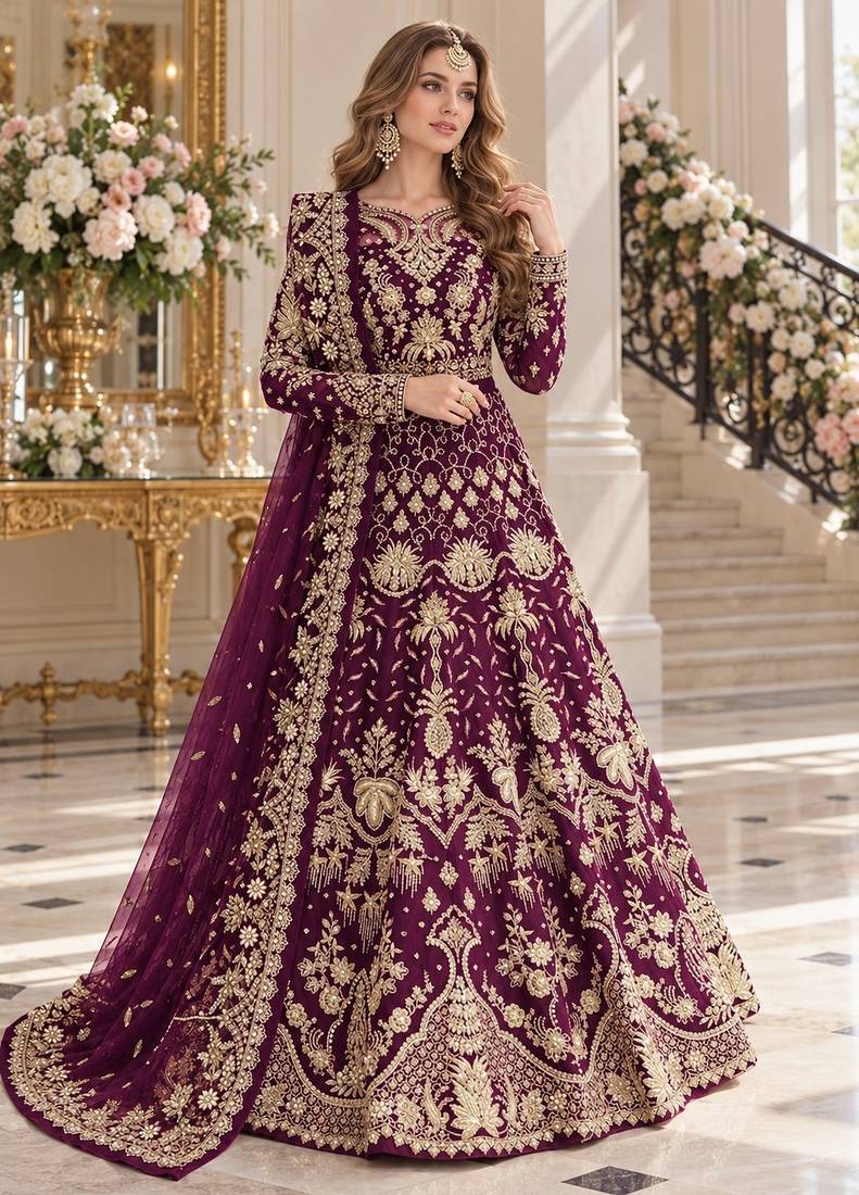 wine net semi stitched anarkali suit with embroidery & stone work