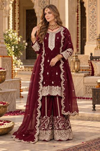maroon silk blend  readymade suit with embroidery & sequence work