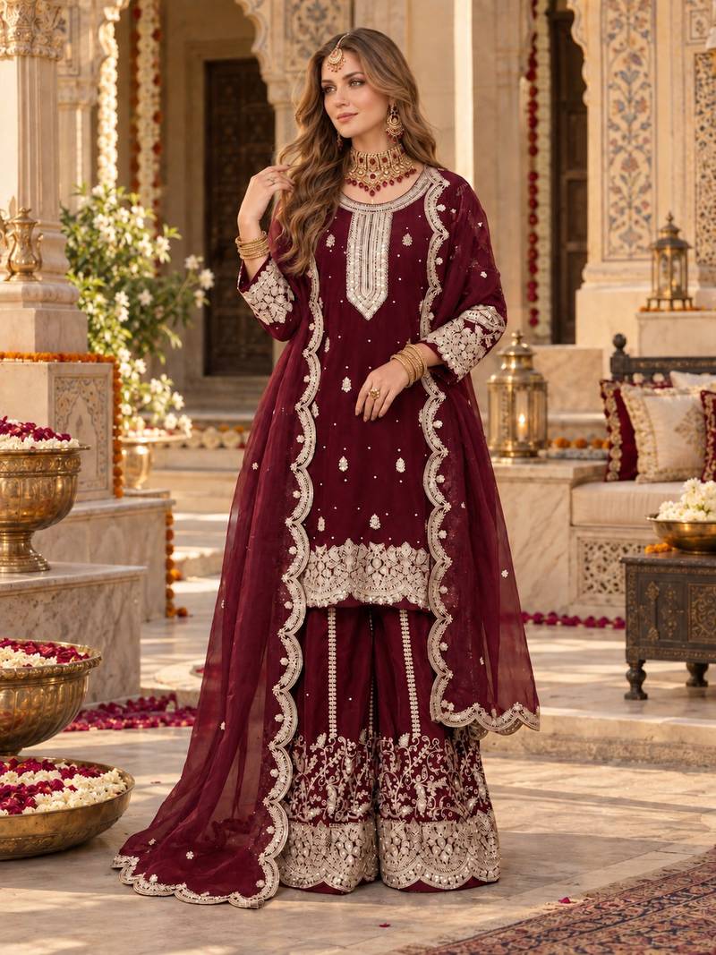 maroon silk blend  readymade suit with embroidery & sequence work