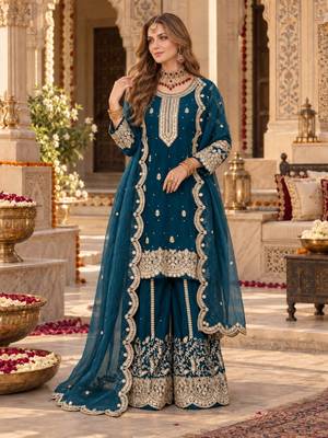 teal silk blend readymade suit with embroidery & sequence work 1