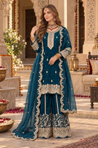 teal silk blend readymade suit with embroidery & sequence work