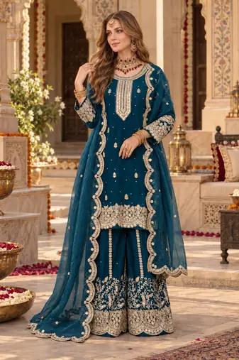 teal silk blend readymade suit with embroidery & sequence work