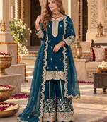 teal silk blend readymade suit with embroidery & sequence work