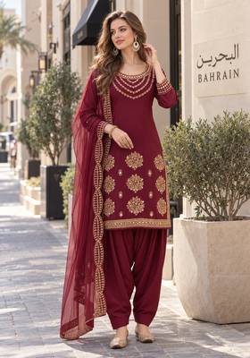 maroon silk blend unstitched suit with embroidery & mirror work 1