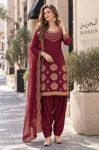 maroon silk blend unstitched suit with embroidery & mirror work
