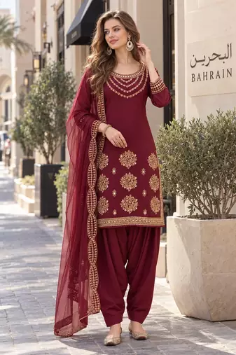 maroon silk blend unstitched suit with embroidery & mirror work