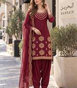 maroon silk blend unstitched suit with embroidery & mirror work