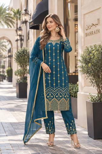 teal silk blend unstitched suit with embroidery & mirror work