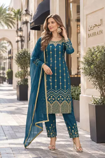 teal silk blend unstitched suit with embroidery & mirror work