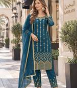 teal silk blend unstitched suit with embroidery & mirror work