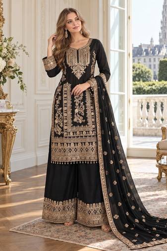 black chinon readymade suit with embroidery & sequence work