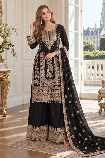 black chinon readymade suit with embroidery & sequence work