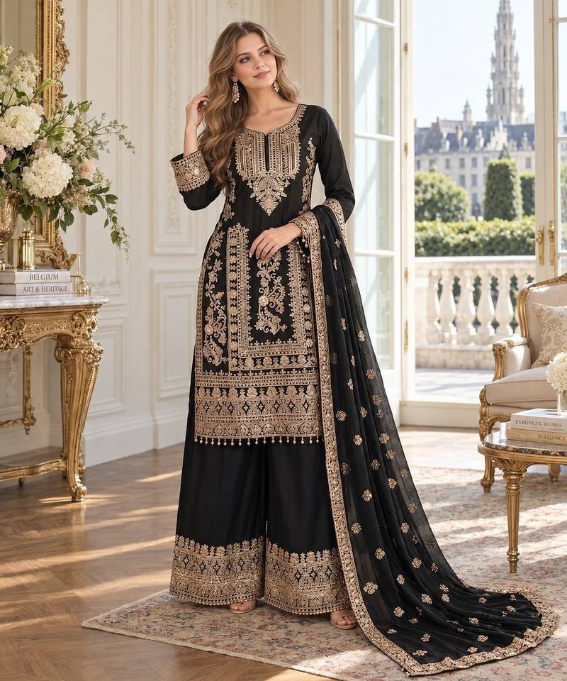 black chinon readymade suit with embroidery & sequence work