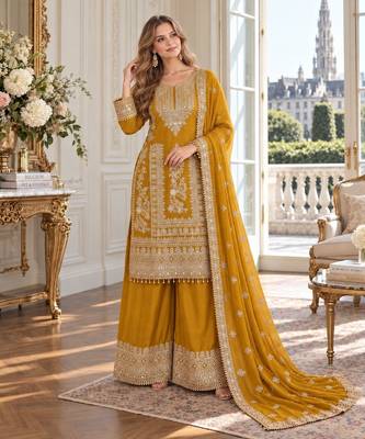 mustard chinon readymade suit with embroidery & sequence work 1
