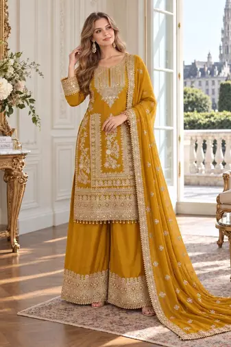 mustard chinon readymade suit with embroidery & sequence work