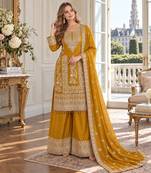 mustard chinon readymade suit with embroidery & sequence work