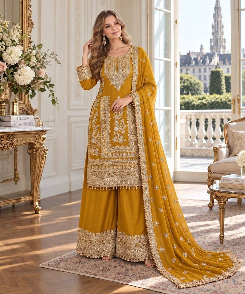 mustard chinon readymade suit with embroidery & sequence work