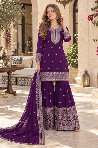 violet chinon readymade suit with embroidery & sequence work
