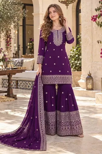 violet chinon readymade suit with embroidery & sequence work