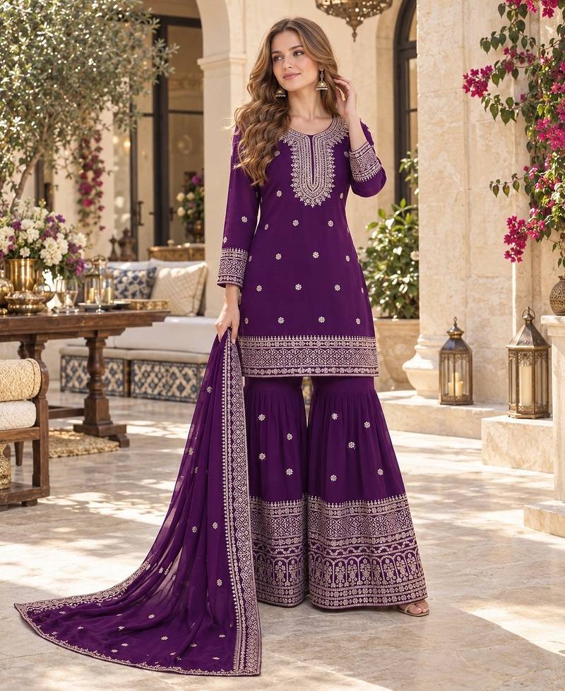 violet chinon readymade suit with embroidery & sequence work