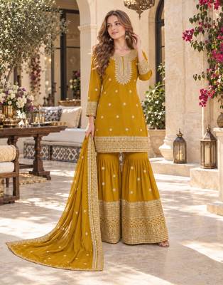 mustard chinon readymade suit with embroidery & sequence work 1