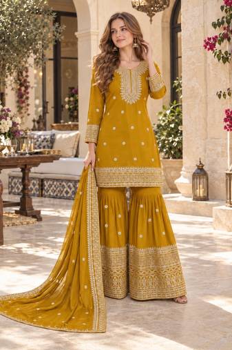 mustard chinon readymade suit with embroidery & sequence work