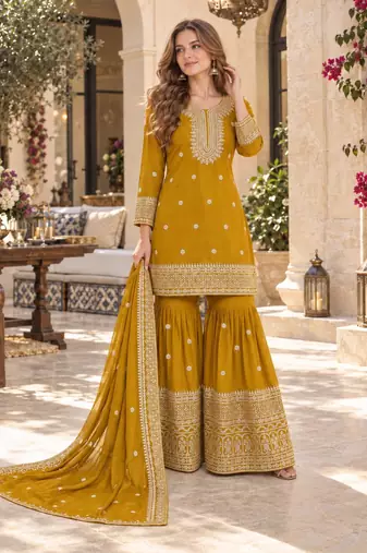 mustard chinon readymade suit with embroidery & sequence work