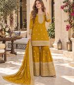 mustard chinon readymade suit with embroidery & sequence work
