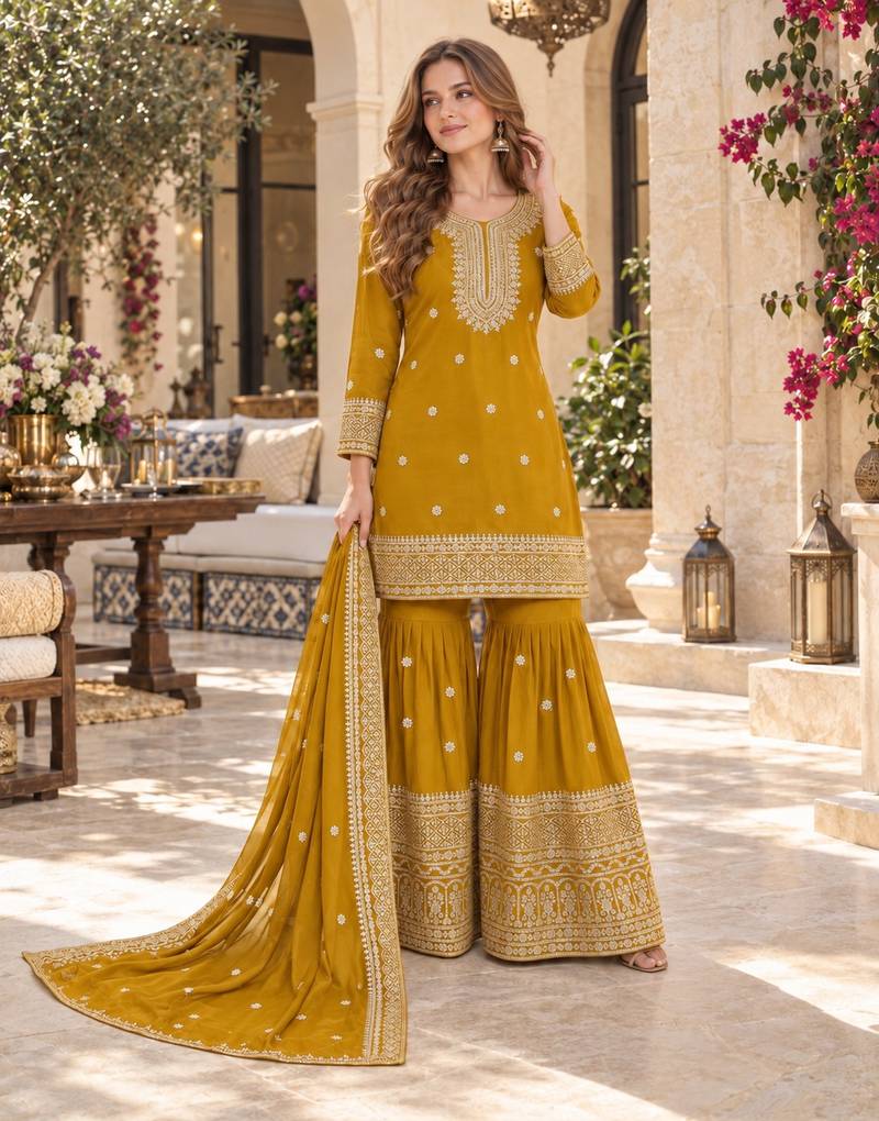 mustard chinon readymade suit with embroidery & sequence work